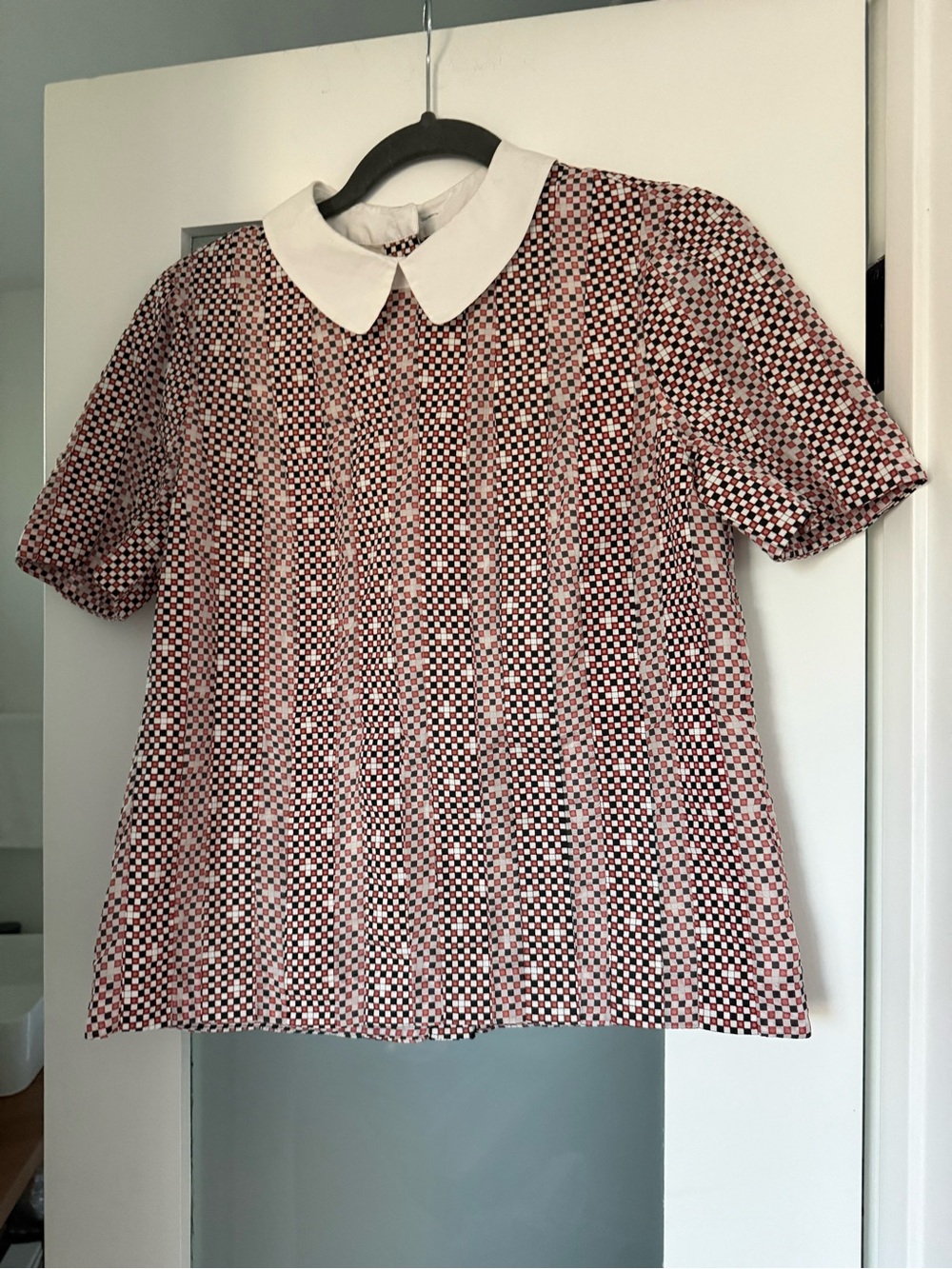Tory Burch Cream Blouse with Black & Pink Checker Trim